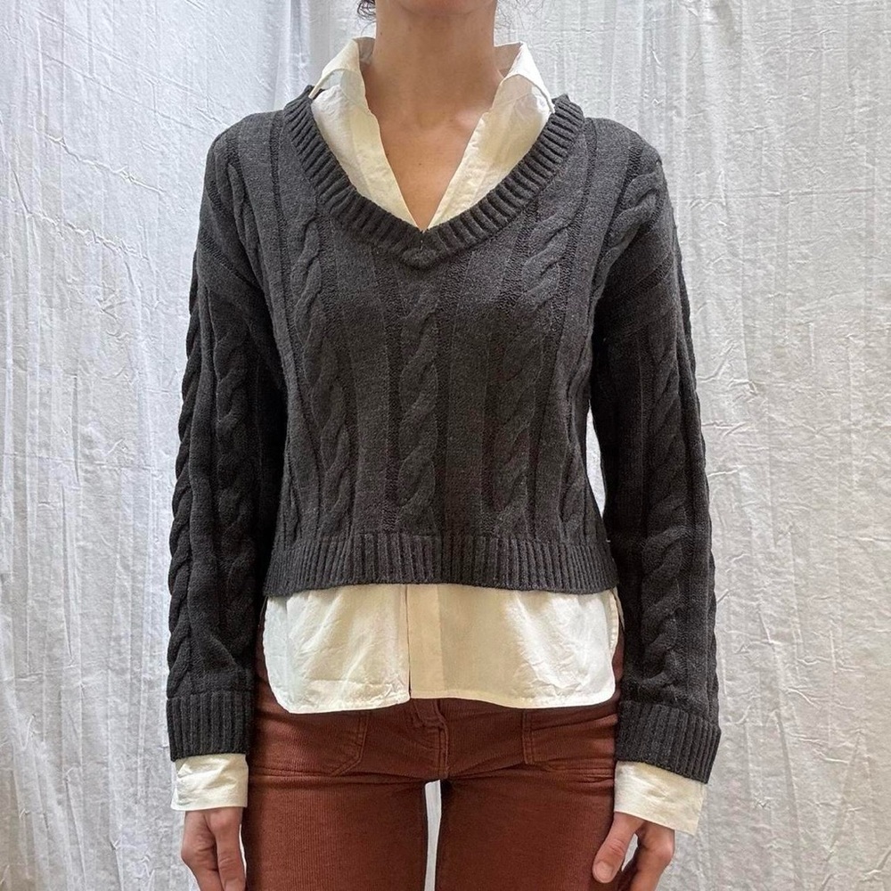 Gray‎ V-Neck Cable Knit Sweater with Attached White Collared Blouse
